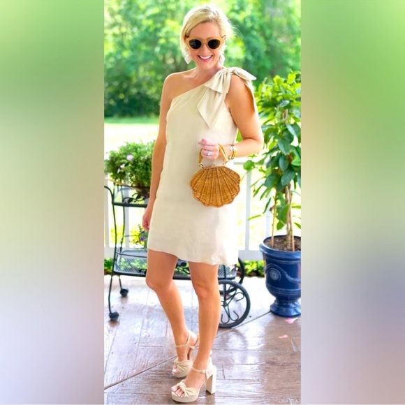 Antonio Melani White Charlie Linen One Shoulder White Bow Shift Mini Dress - Picture 1 of 7